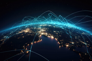 a globe of a planet surrounded by neural neon nexus lines, grid and nodes. creative concept of techn