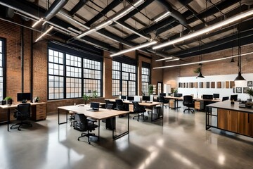 Step into a contemporary loft office bathed in natural light, where sleek lines and minimalist design create a harmonious and inspiring workspace.Ai generated