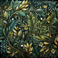 Poster - Seamless pattern of branches and leaves on a green background. Generative AI