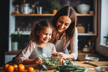 Wall Mural - Mother cooking with daughter. Family relationships. Mother having fun with daughter, cooking in kitchen. Generative AI