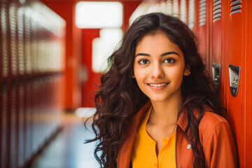 Indian teenage girl portrait in front of school lockers. Learning and school concept. Generative AI