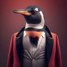Realistic Lifelike Penguin Bird In Dapper High End Luxury Formal Suit And Shirt, Commercial, Editorial Advertisement, Surreal Surrealism.	
