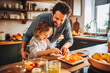 © VisualProduction - Father making breakfast for kids. Father and daughter smiling, making breakfast together. Generative AI