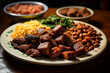A plate of flavorful carne de sol, salted and dried meat commonly served with fried cassava or beans, brazilian food, cuzcuz, couscous, cassava, farofa, brazil Generative AI