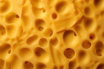 Cheese texture of a yellow cheese with holes cut. AI generated