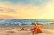 Starfish on white sand beach at sunset ocean.