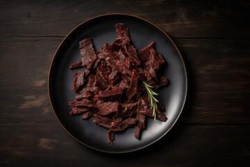 Wall Mural - top down view of a plate with Beef Jerky  - food photography