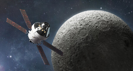 Poster - Orion spacecraft on orbit of Moon. Spaceship of Artemis mission with astronauts near Moon surface. Exploration of our satellite. Return on Moon. Elements of this image furnished by NASA