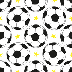 Wall Mural - Vector seamless pattern with soccer balls and stars in cartoon style. Football pattern design