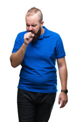 Sticker - Young caucasian hipster man wearing blue shirt over isolated background feeling unwell and coughing as symptom for cold or bronchitis. Healthcare concept.