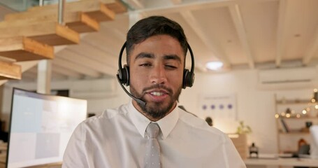 Poster - Call center, face and business man, consultant or agent in video communication, networking and night support. Advice, speaking and happy, indian person consulting for virtual services or job webinar