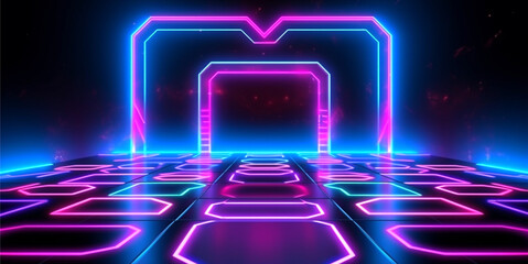 Wall Mural - geometric technology background with neon light line effect, generative ai