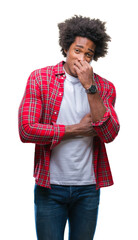 Sticker - Afro american man over isolated background looking stressed and nervous with hands on mouth biting nails. Anxiety problem.