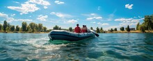 An Inflatable Boat With Oars Floats Along The Shore. Rafting On A Mountain River On A Journey. Active Leisure Time On Vacation. Banner With Copyspace. AI Generation