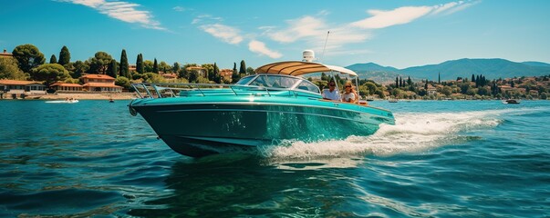 A small motor boat with a canopy floats along the Mediterranean coast. Luxurious boat to move around the sea. Sea travel. Banner with copyspace. AI generation