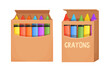 Set Wax crayons in carton box in cartoon style isolated on white background. Preschool palette, pencils for education.