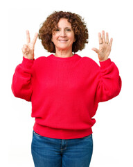 Sticker - Beautiful middle ager senior woman red winter sweater over isolated background showing and pointing up with fingers number seven while smiling confident and happy.