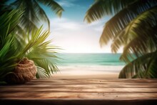 Wooden Table For Product Placement With A Tropical Beach And Palm Trees On The Background