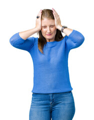 Sticker - Beautiful middle age mature woman wearing winter sweater over isolated background suffering from headache desperate and stressed because pain and migraine. Hands on head.