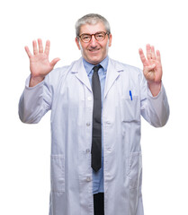 Wall Mural - Handsome senior doctor, scientist professional man wearing white coat over isolated background showing and pointing up with fingers number nine while smiling confident and happy.