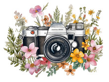 Watercolor Retro Camera Surrounded By Flowers Isolated On White