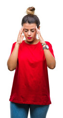 Wall Mural - Young beautiful woman over isolated background with hand on head for pain in head because stress. Suffering migraine.