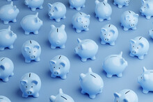 Pink Blue Piggy Banks Randomly Placed On Blue Background. Illustration Of The Concept Of Personal Savings And Financial Investment