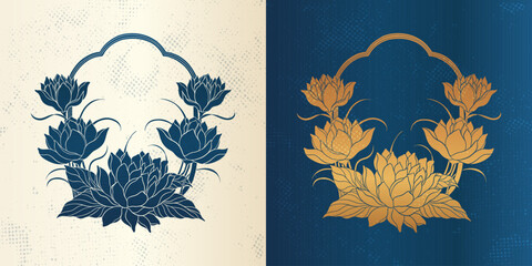 Floral lotus flower in art nouveau 1920-1930. Hand drawn lotus in a linear style with weaves of lines, leaves and lotus flowers.