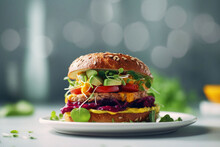 Food, Catering And Healthy Vegan Burger On Table For Restaurant, Bakery And Hospitality. Ai Generated Nutrition, Diet And Cooking With British Cuisine In Studio Background For Kitchen And Coffee Shop