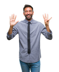 Wall Mural - Adult hispanic business man over isolated background showing and pointing up with fingers number nine while smiling confident and happy.