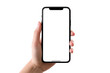© Ivan Guia - Woman hand holding a mobile phone. Smartphone mockup with transparent screen and cutout PNG background. Generative AI