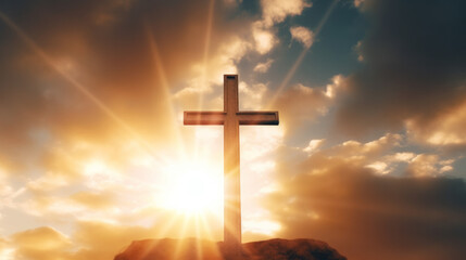 Cross in the clouds and rays of sun , power of faith concept