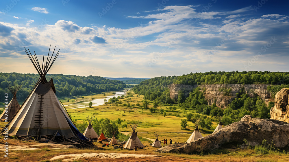 View of an indian native american village with teepee tents