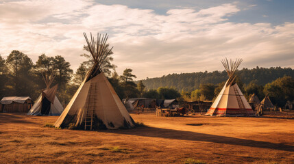 Wall Mural - View of an indian native american village with teepee tents