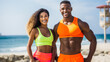 © Keitma - Smiling black couple wearing colorful sportswear like crop top showing muscular abs