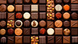 Different chocolate sweets rows in a box. Delicious milk choco sugar dessert treats. Close up gourmet candy decorated caramel assortment present praline gift photo