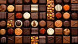 Fototapeta  - Different chocolate sweets rows in a box. Delicious milk choco sugar dessert treats. Close up gourmet candy decorated caramel assortment present praline gift photo