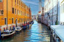 Italy, Venice's Architecture, Landmarks And Canals Where Gondolas Take Tourists Around.