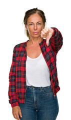 Poster - Middle age adult woman wearing casual jacket over isolated background looking unhappy and angry showing rejection and negative with thumbs down gesture. Bad expression.