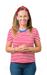 Sticker - Beautiful middle age woman wearing casual stripes t-shirt over isolated background Hands together and fingers crossed smiling relaxed and cheerful. Success and optimistic