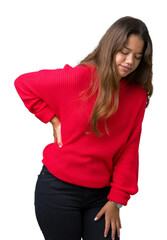 Sticker - Young beautiful brunette woman wearing red winter sweater over isolated background Suffering of backache, touching back with hand, muscular pain