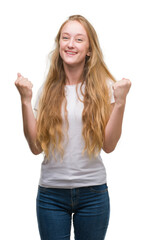 Poster - Blonde teenager woman screaming proud and celebrating victory and success very excited, cheering emotion