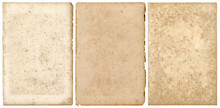 Set / Collection Of Three Stained Grungy Vintage / Antique Paper Sheets With Ripped Borders, Retro Book Page Backgrounds, Textures Or Collage Design Elements, Isolated Over Transparency, PNG