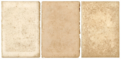 set / collection of three stained grungy vintage / antique paper sheets with ripped borders, retro book page backgrounds, textures or collage design elements, isolated over transparency, PNG