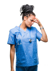 Sticker - Young braided hair african american girl professional surgeon over isolated background tired rubbing nose and eyes feeling fatigue and headache. Stress and frustration concept.