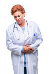 Canvas Print - Senior caucasian doctor woman wearing medical uniform over isolated background with hand on stomach because nausea, painful disease feeling unwell. Ache concept.