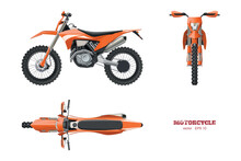 Isolated Cross Motorcycle. 3D Orange Motorbike. Front, Side, Top View Of Motocross Cycle. Extreme Motorbik Industrial Draw. Motorsport Vehicle Blueprint