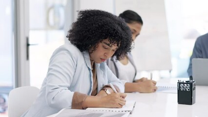 Poster - Woman with idea, writing in notebook and business meeting for planning schedule, agenda and notes on project management. Journal, reminder and businesswoman with team to work on calendar or thinking