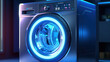 Modern washing machine with laundry, closeup digital control display