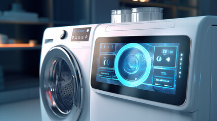 Wall Mural - Modern washing machine with laundry, closeup digital control display